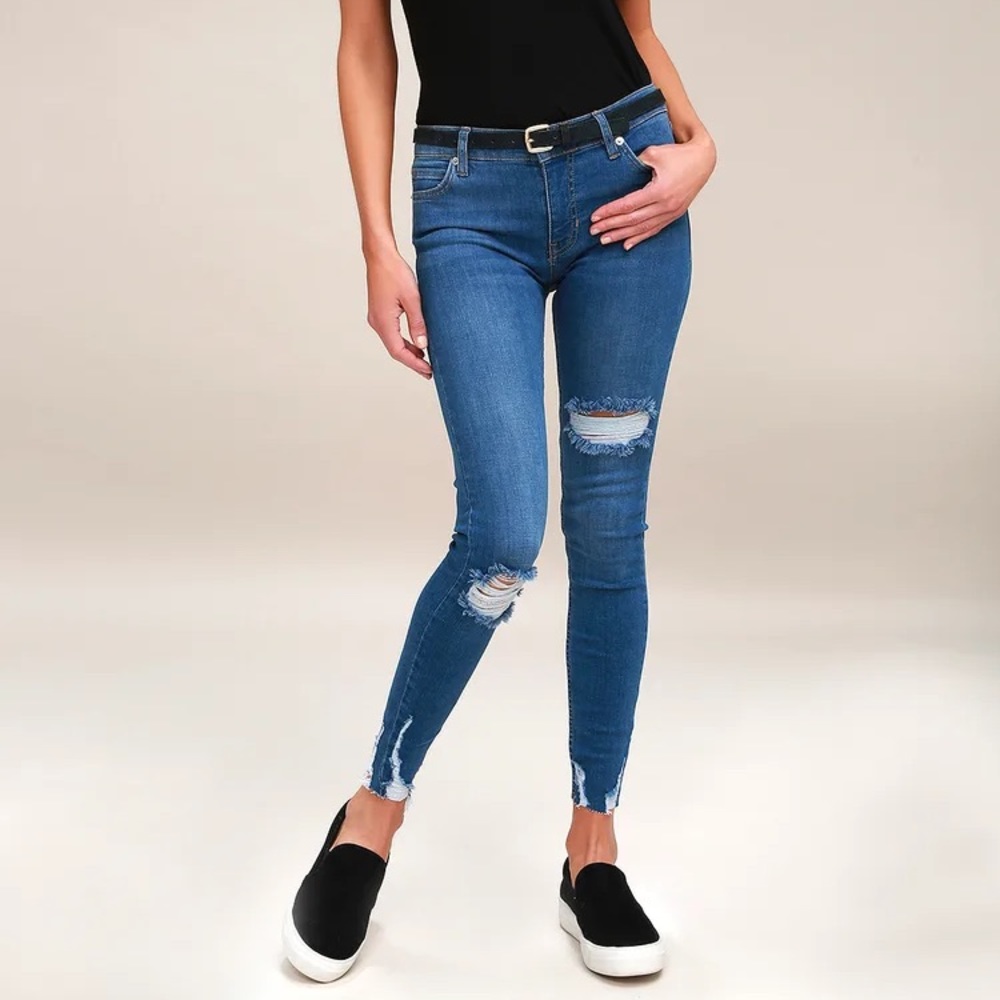 Free People • Shark Bite Distressed High Rise Skinny Jeans in Blue